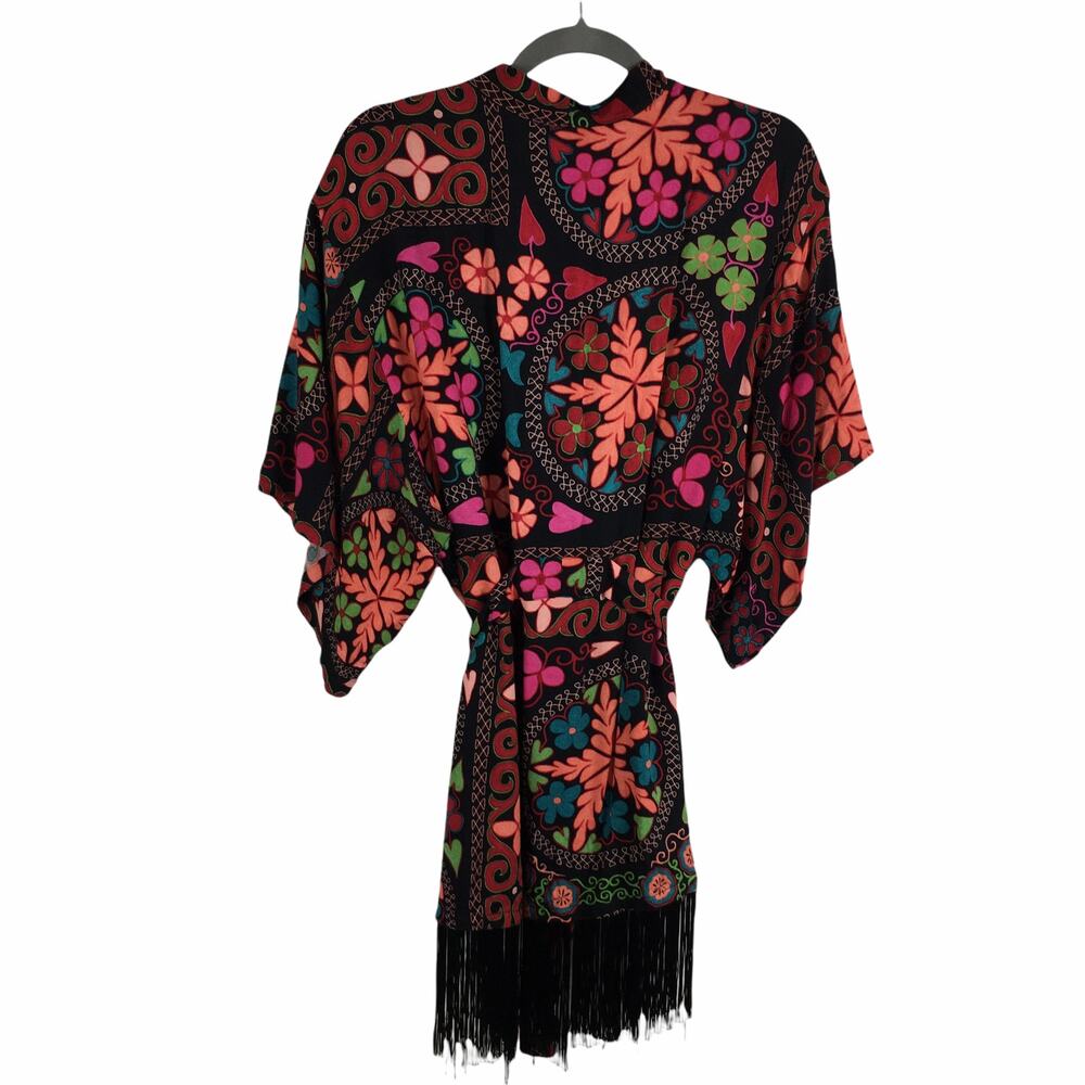 Josie Natori Fringed Floral Kimono Robe Size XS - Picture 2 of 7